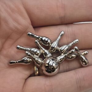 Vintage Napier Silver Tone Bowling Pins And Ball Game Winner Brooch Pin